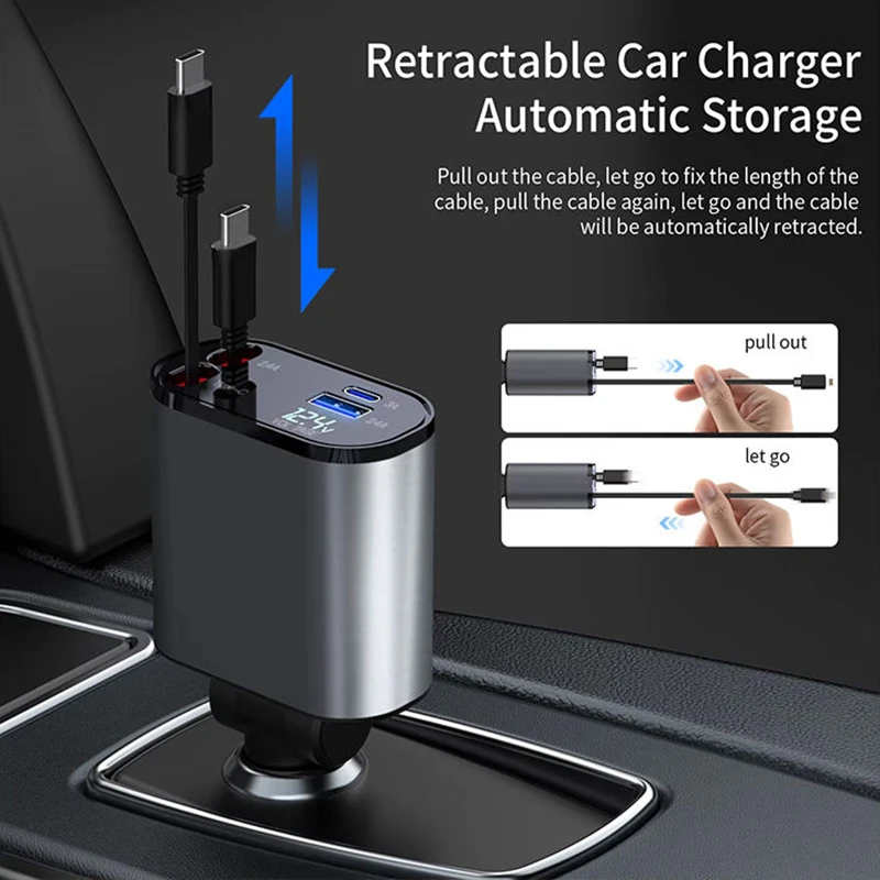 Rotatable 66W Super Fast Car Charger Adapter with Retractable Cable