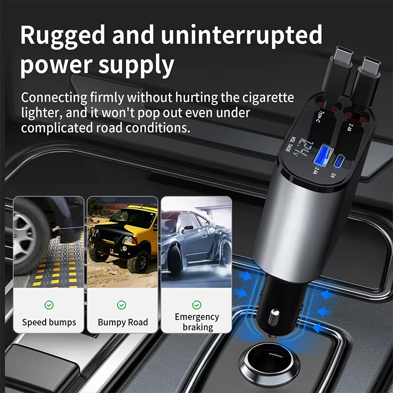 Rotatable 66W Super Fast Car Charger Adapter with Retractable Cable