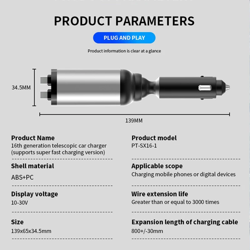 Rotatable 66W Super Fast Car Charger Adapter with Retractable Cable