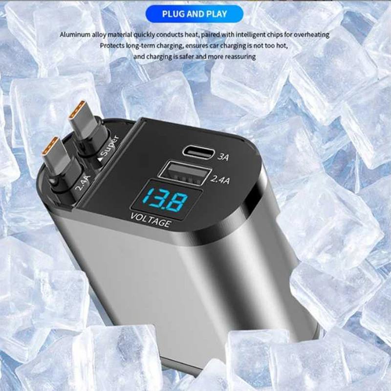 Rotatable 66W Super Fast Car Charger Adapter with Retractable Cable