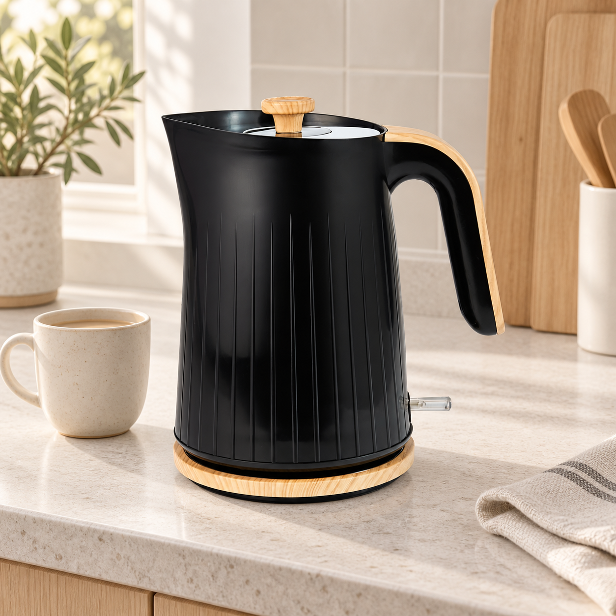 George Home black Scandi kettle styled on a kitchen worktop