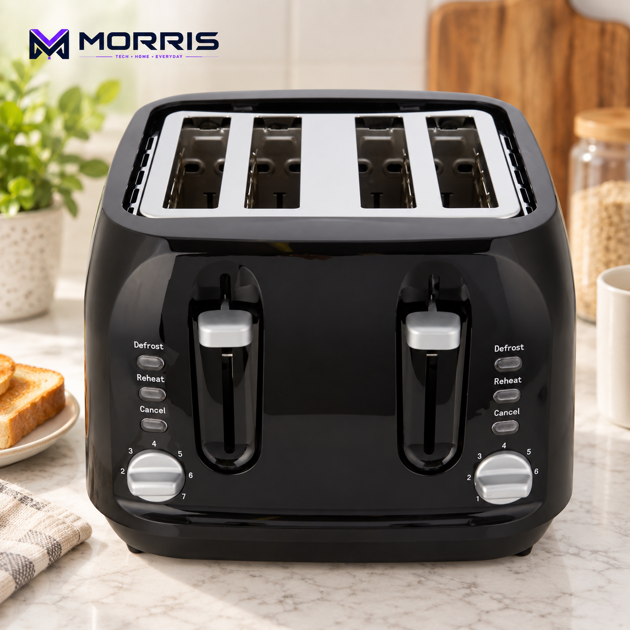 George Home glossy black four-slice toaster with silver controls — lifestyle