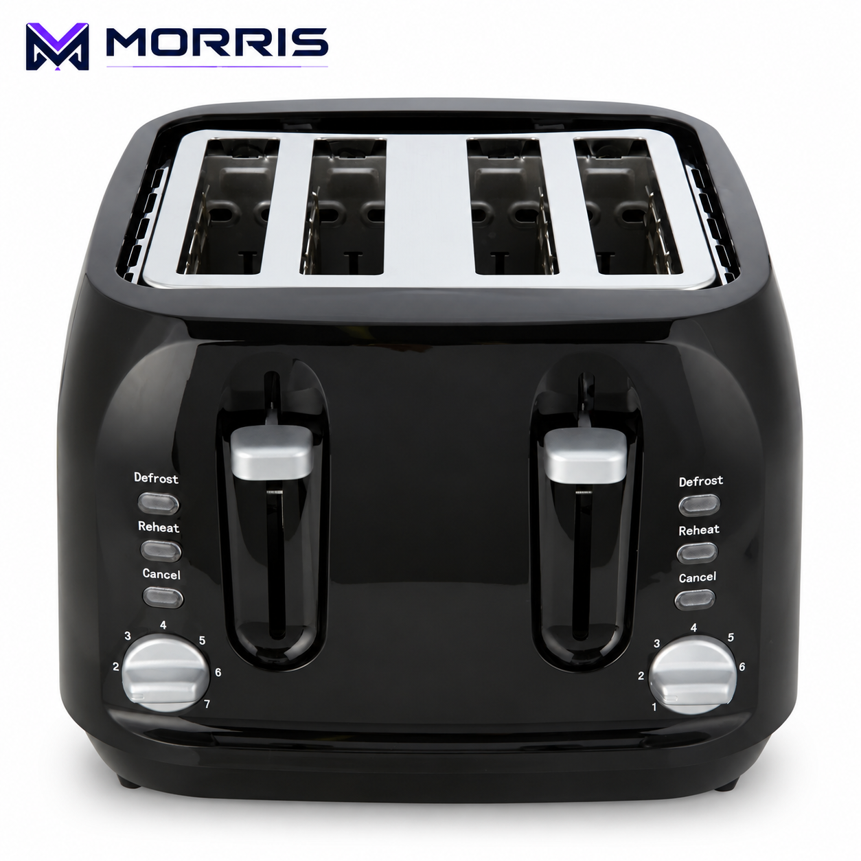 George Home glossy black four-slice toaster with silver controls — main