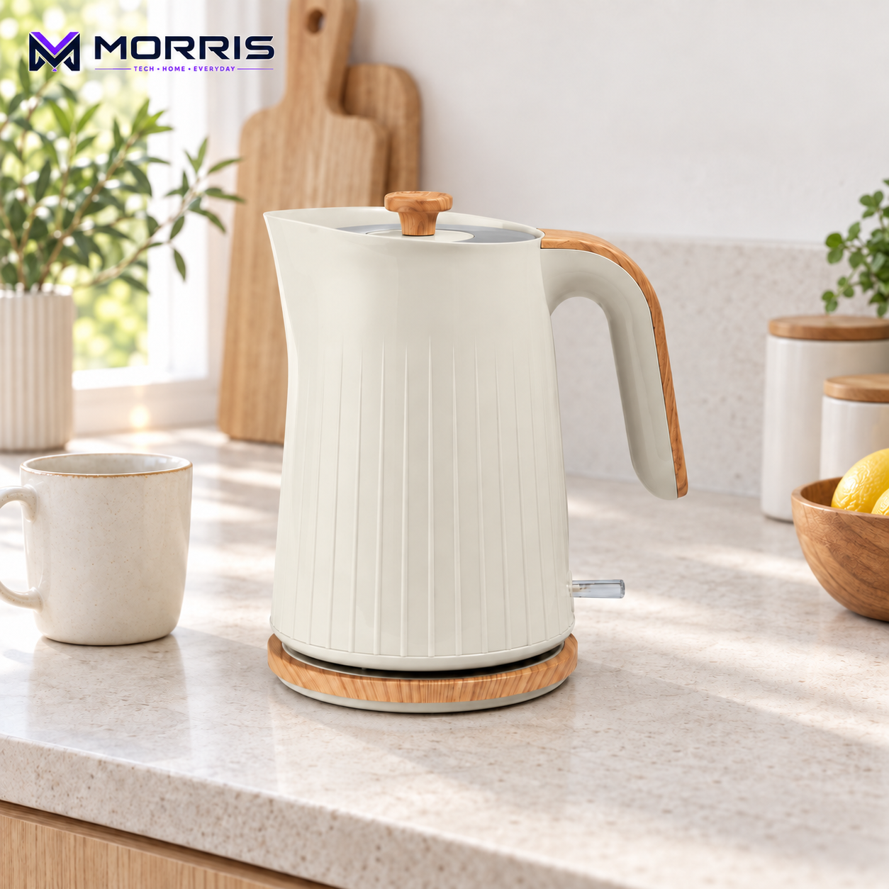George Home cream 1.7L Scandi kettle with wood-effect accents — lifestyle image