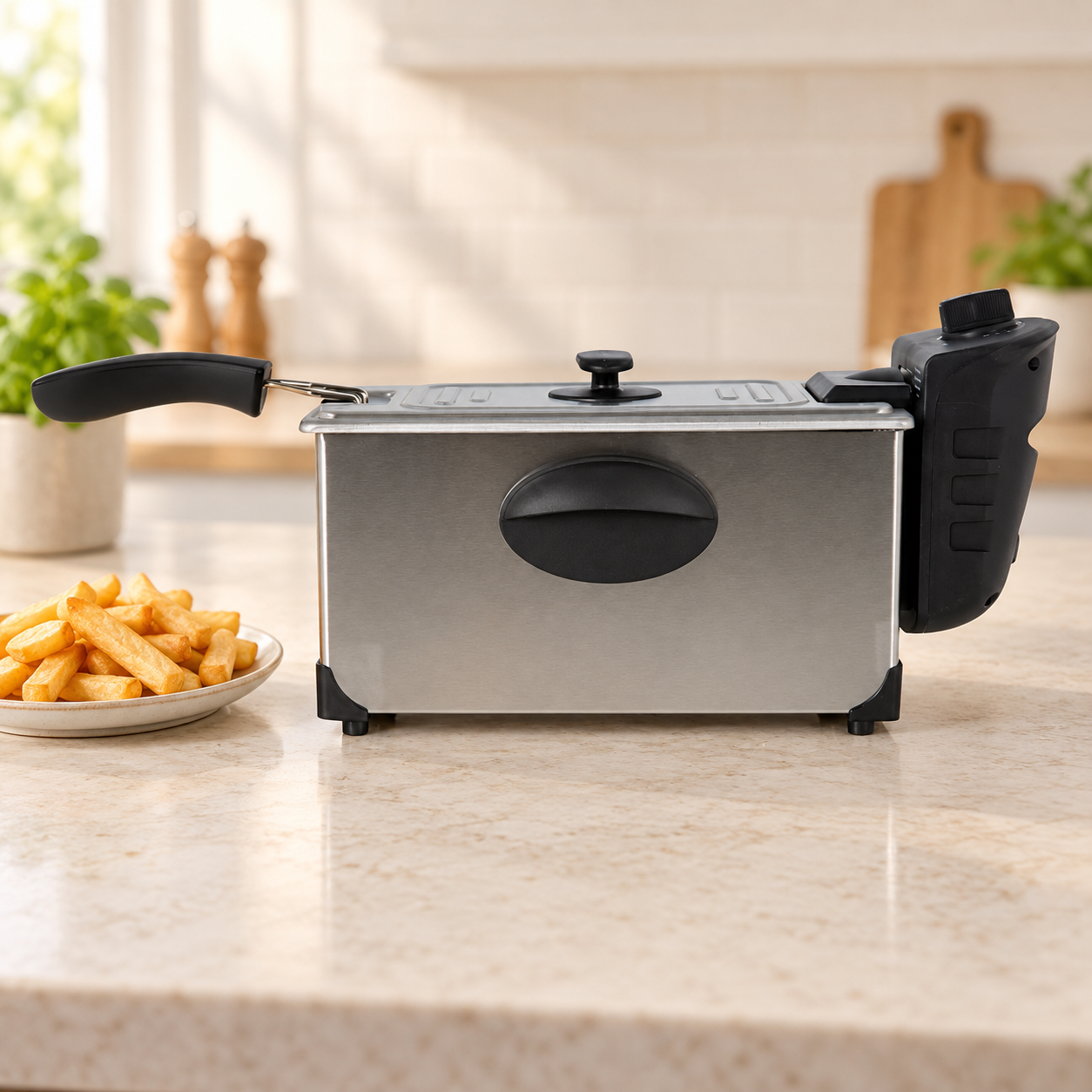 George Home 3L Pro deep fat fryer in an illustrative kitchen setting