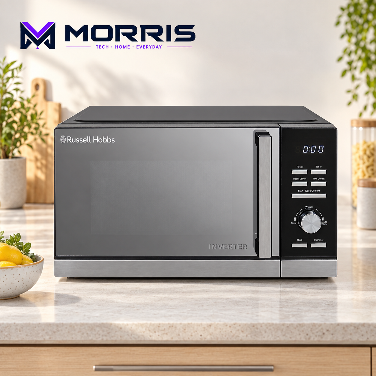 Russell Hobbs RHMI2503B black inverter microwave with mirrored door — lifestyle