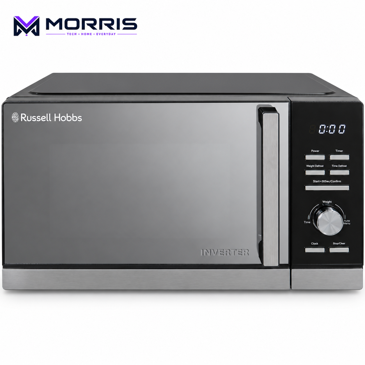 Russell Hobbs RHMI2503B black inverter microwave with mirrored door — main