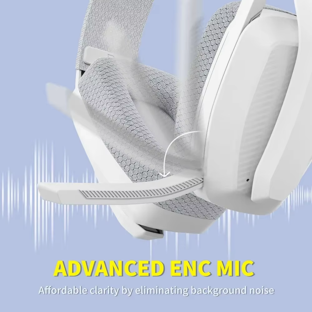 BINNUNE BW06 white wireless gaming headset with grey ear cushions and boom microphone