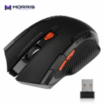 113 black 2.4GHz wireless mouse with orange buttons and USB receiver