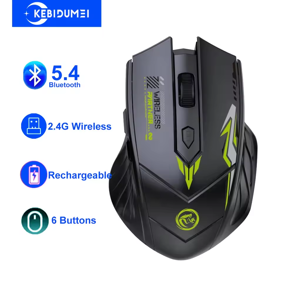 KEBIDUMEI black rechargeable Bluetooth 5.4 and 2.4GHz mouse with lime accents