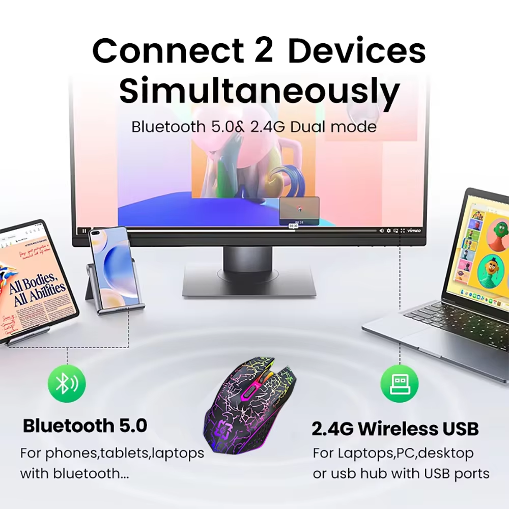 KEBIDUMEI black RGB gaming mouse with Bluetooth and 2.4GHz wireless connectivity