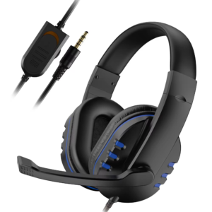 Blue and black wired gaming headset with microphone, inline control and 3.5mm plug