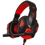 Red and black 3.5mm wired gaming headset with boom microphone