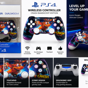 PS4-compatible wireless controller with colourful Crash-inspired graphic design