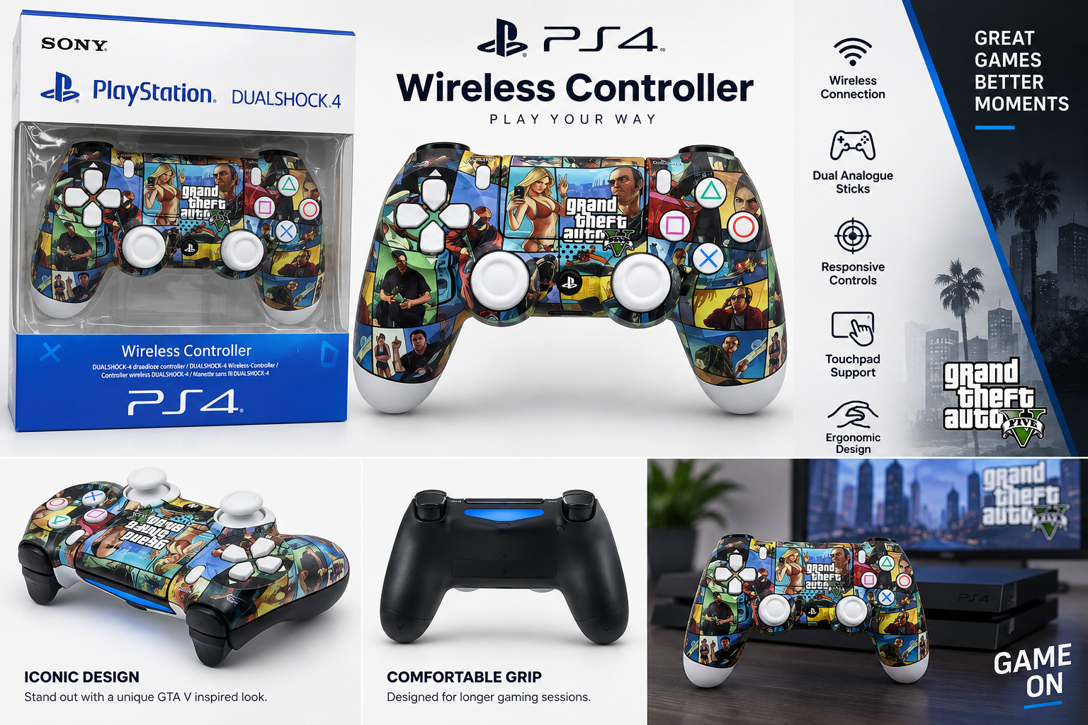 PS4-compatible wireless controller with GTA-inspired graphic design